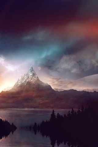 七彩云下的山脉湖畔风景手机壁纸