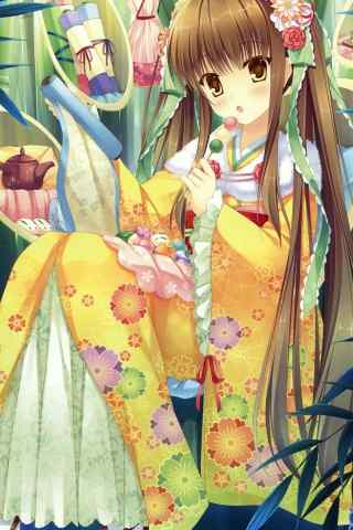 竹林里的和服日本动漫美少女手机壁纸