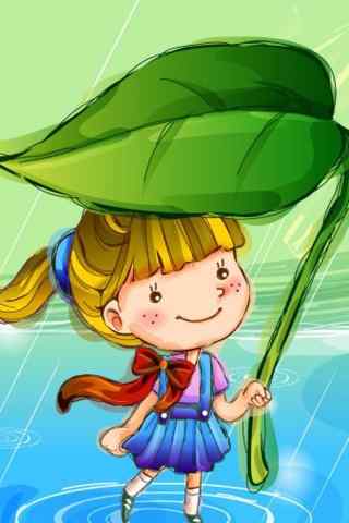 拿叶子当伞的卡通小女孩手机壁纸