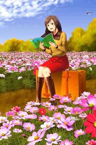 花丛中看书的少女