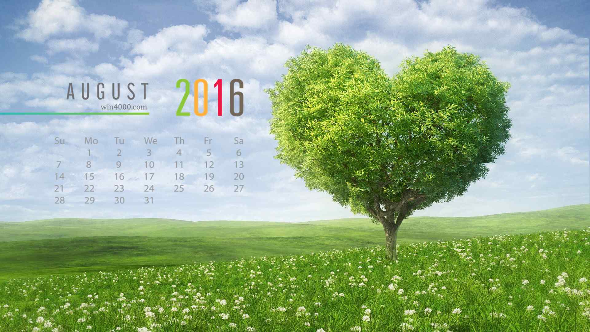 2016年8月日历唯美浪漫爱心树绿色护眼电脑桌面壁纸下载