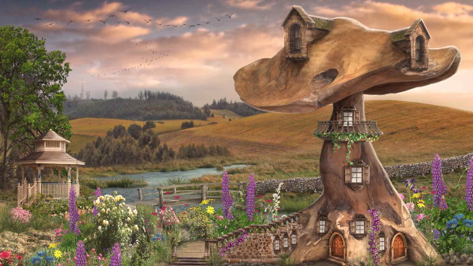 蘑菇房子唯美绘画风景电脑壁纸