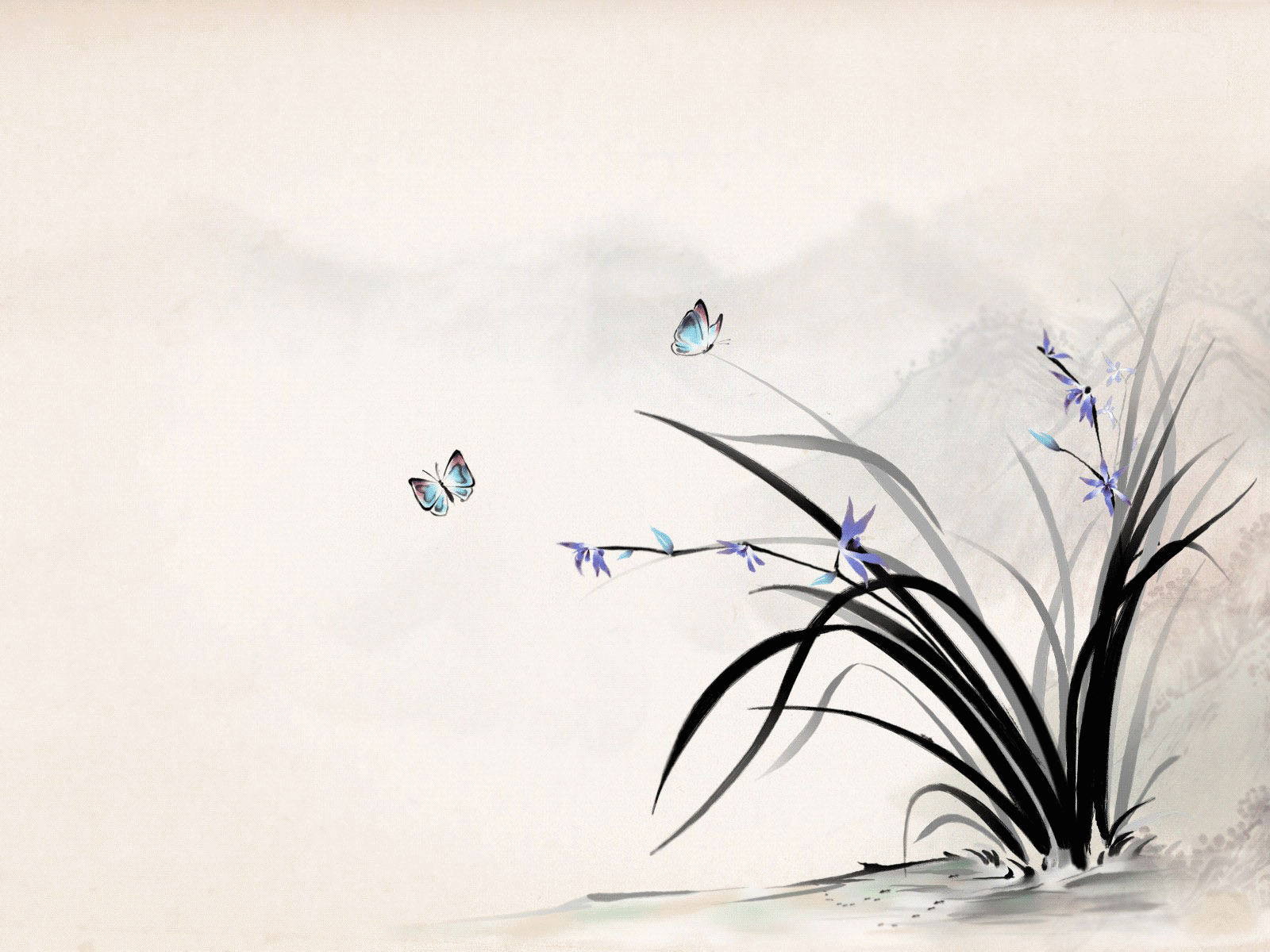 飞舞的蝴蝶花卉水墨画高清动态桌面壁纸