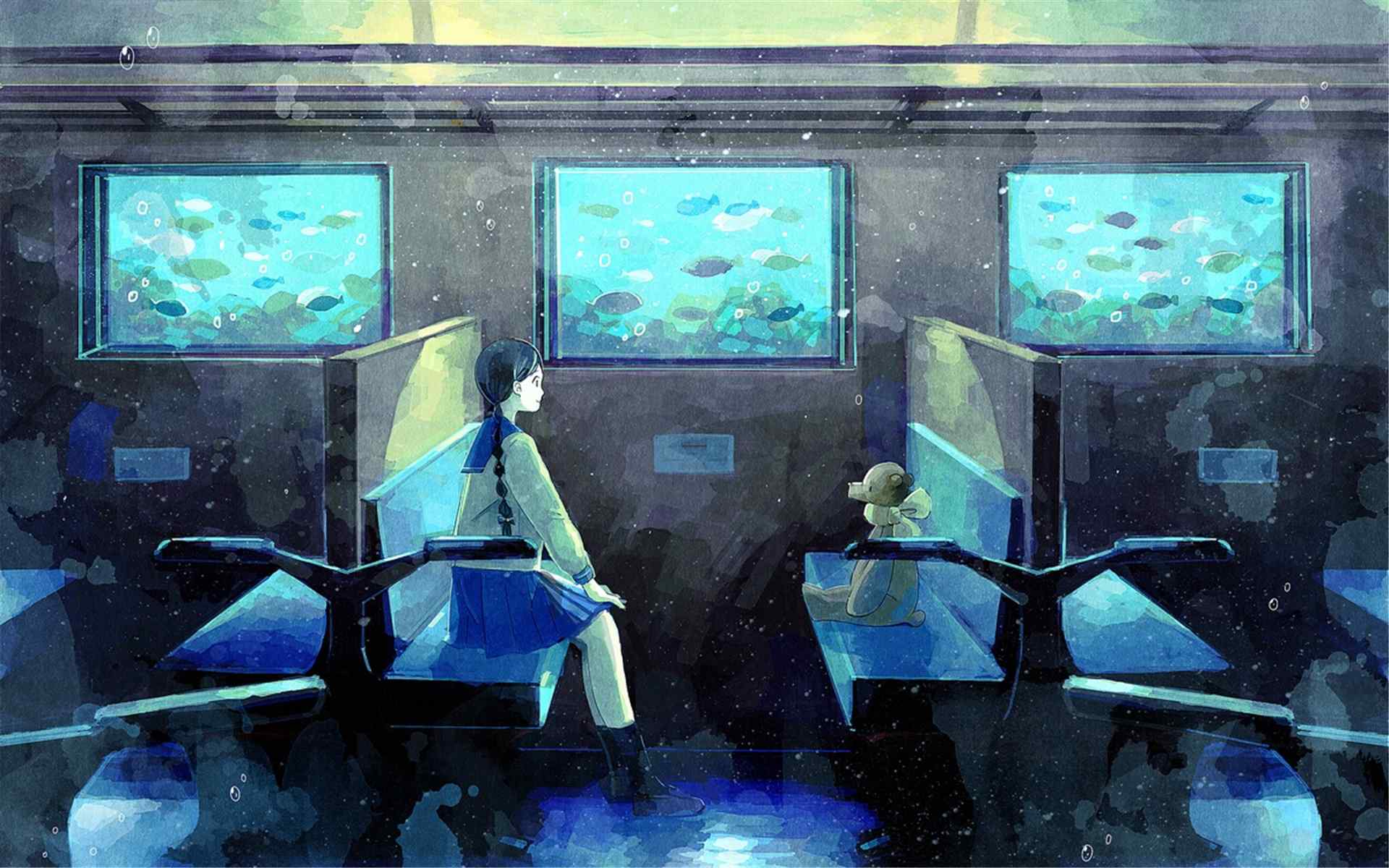 蓝色水族馆列车唯美意境动漫电脑桌面壁纸