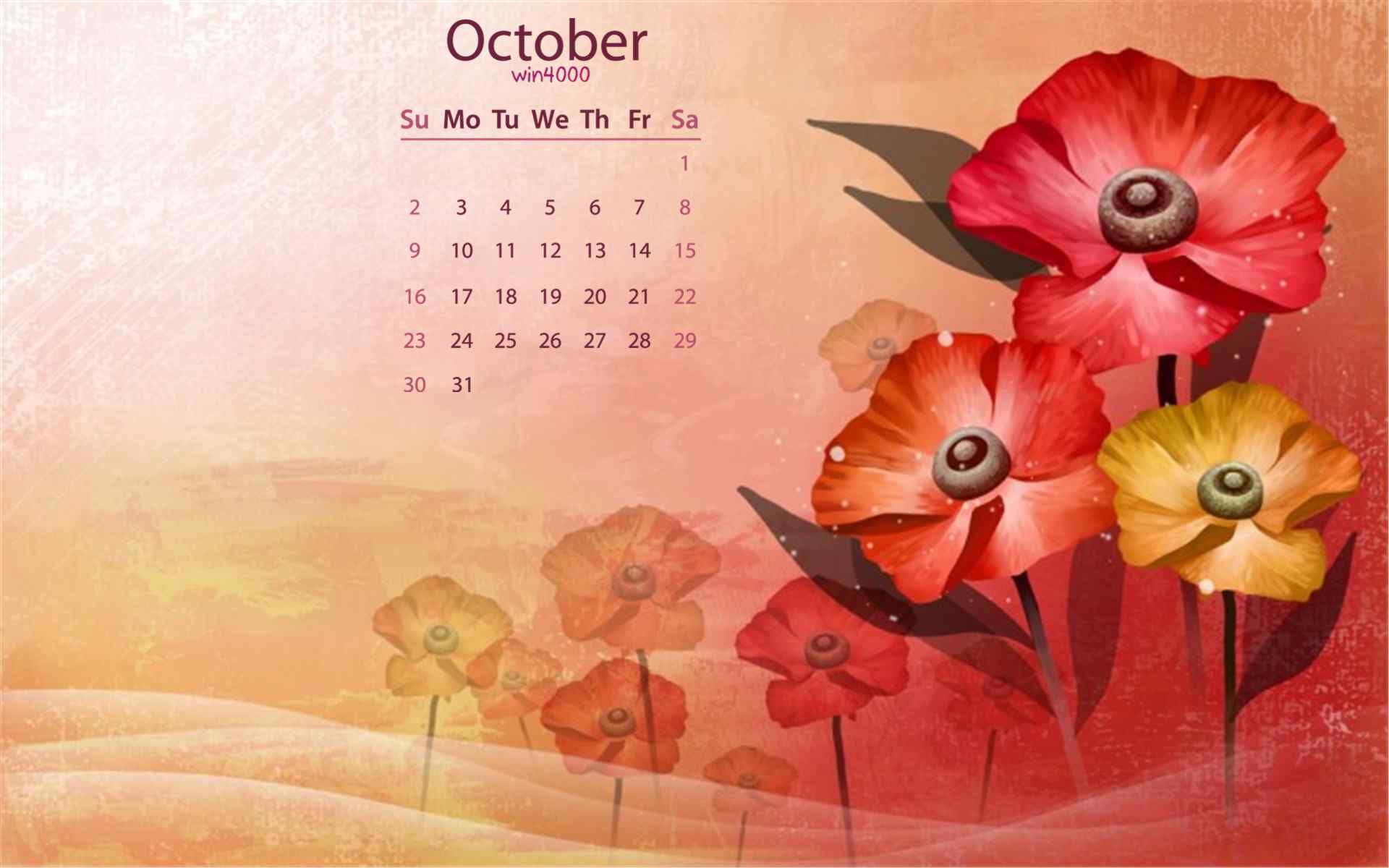 2016年10月日历精美工笔画花卉桌面壁纸图片（二）