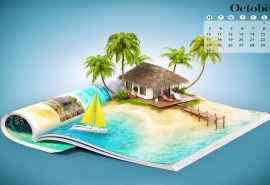 2016年10月日历创意设计小岛蓝色背景精选壁纸