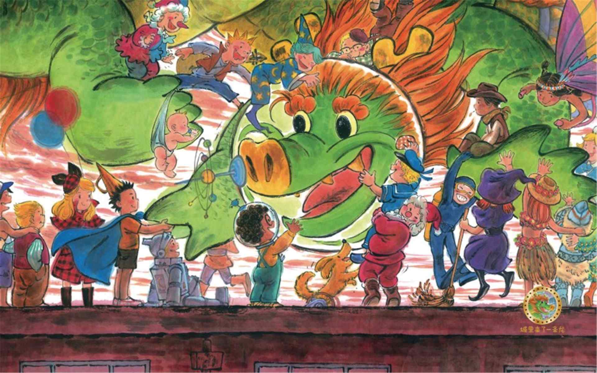 可爱儿童画《城里来了一条龙》桌面壁纸